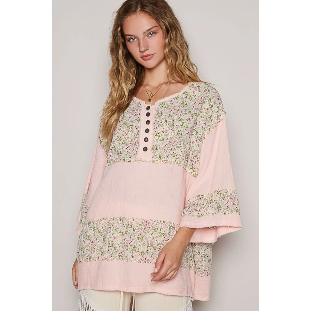 POL Light Pink Relaxed Fit 3/4 Sleeve Henley Top with Flower Contrast